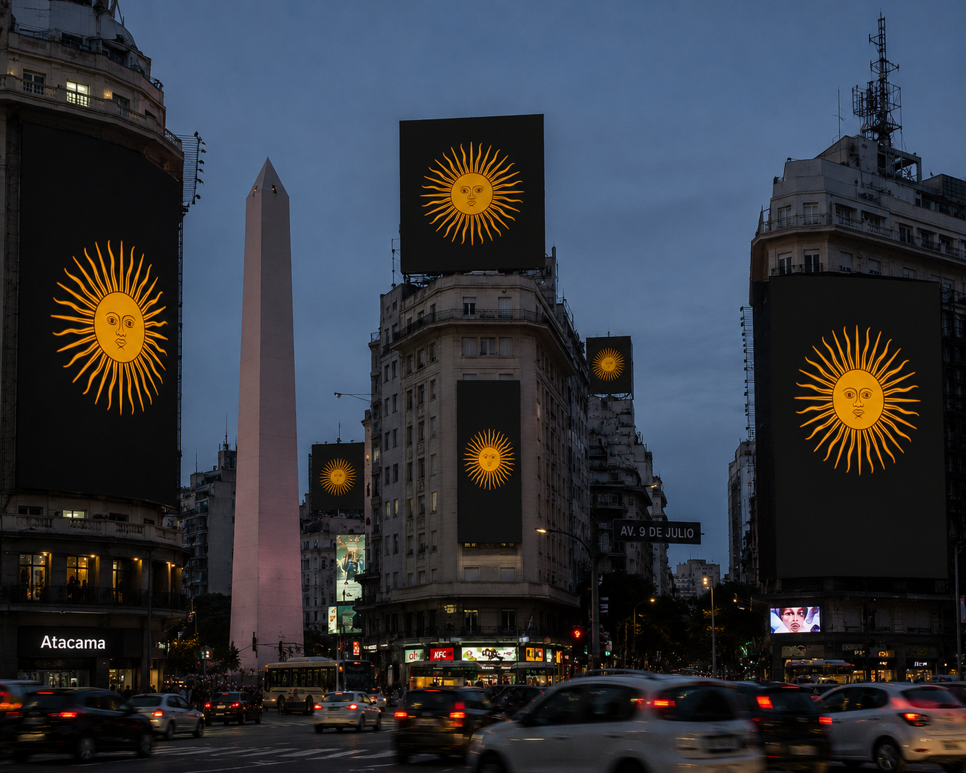 El Sol de Mayo tomando el espacio público — Av. 9 de Julio y Obelisco